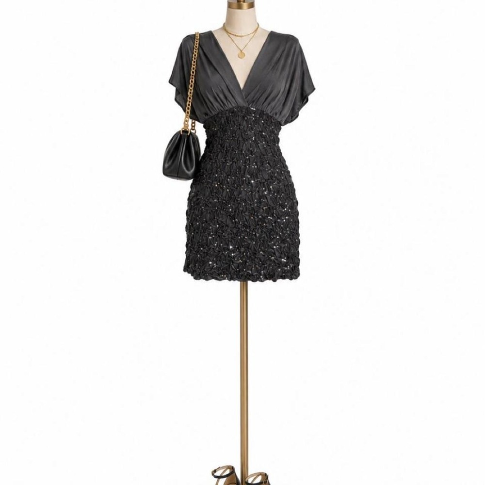Easel Black Ruched Sequin Mini Dress – Size Medium
